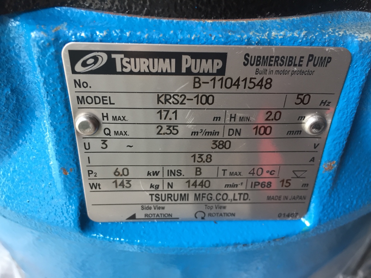 Tem máy bơm bùn thải, bơm bùn hố móng Tsurumi KRS2-100