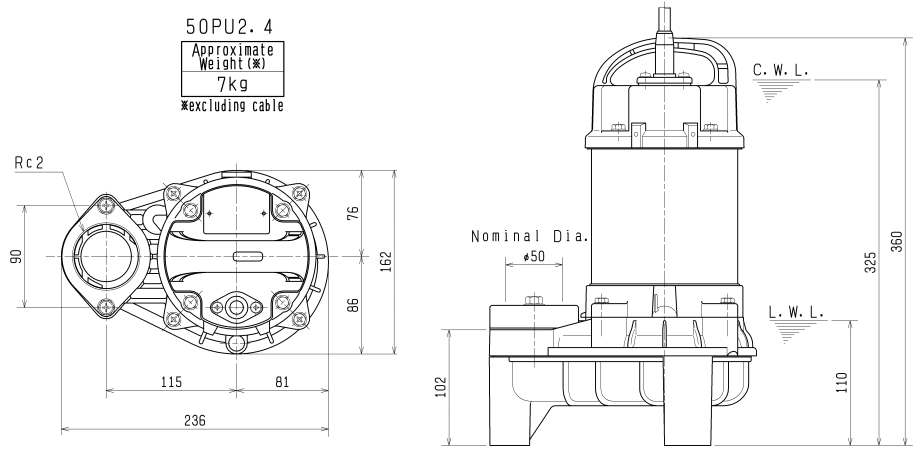 Kích thước máy bơm chìm Tsurumi 50PU2.4