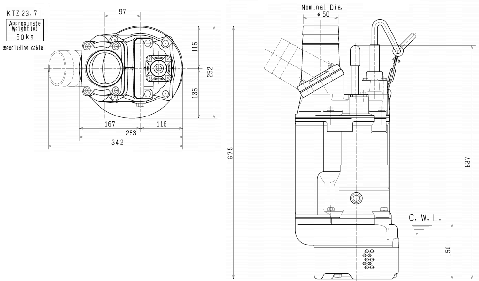 kích thước chuẩn của bơm chìm Tsurumi KTZ 23.7 kích thước chuẩn của bơm chìm Tsurumi KTZ 23.7