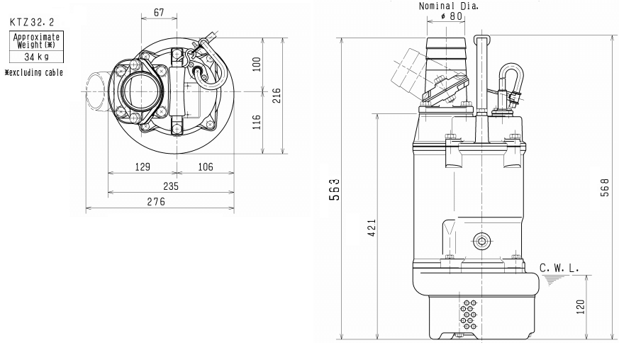 Kích thước chuẩn của bơm chìm Tsurumi KTZ32.2 Kích thước chuẩn của bơm chìm Tsurumi KTZ32.2