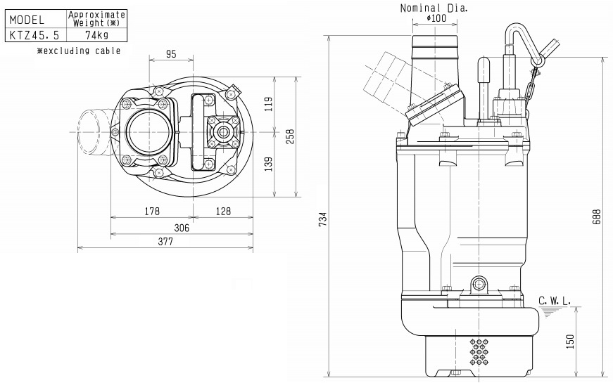 Kích thước chuẩn của máy bơm nước thải KTZ 45.5