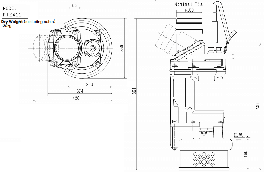 Kích thước chuẩn của bơm chìm Tsurumi KTZ 411