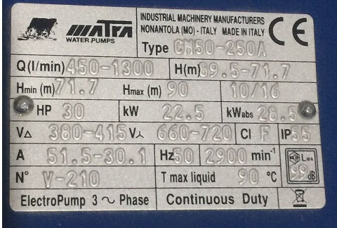Tem của máy bơm nước trục ngang 22kw, bơm ly tâm cấp nước Matra CM40-250A