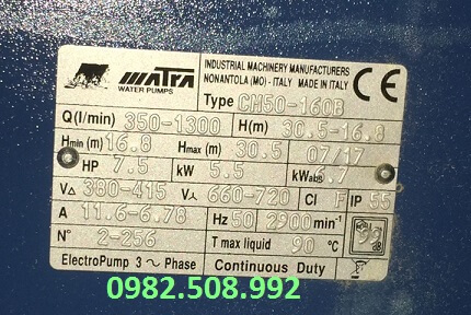 Tem máy bơm nước trục ngang ly tâm CM50-160B hiệu Matra